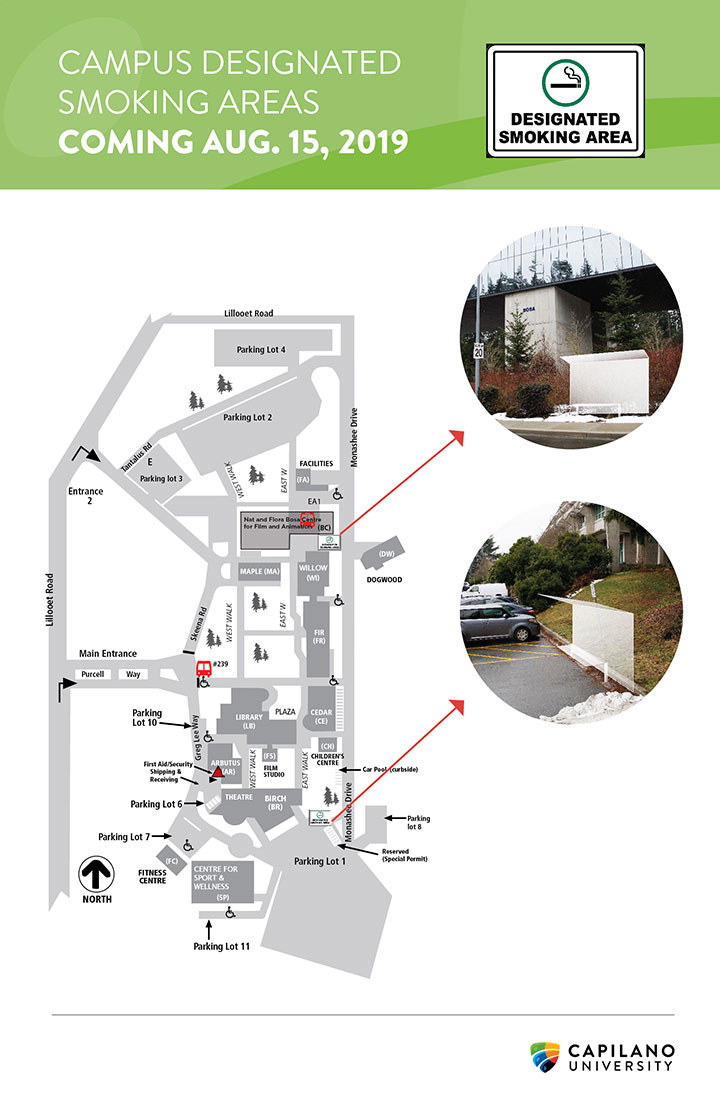 A map of areas where smoking and vaping is permitted on the CapU main campus. 