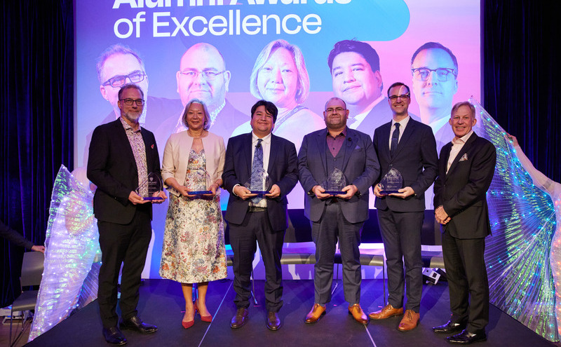 All five recipients of 2025 CapU Alumni Awards of Excellence - Irwin Oostindie, Dr. Susan Chang, Mason Ducharme, Chris May and Reuben Avery.