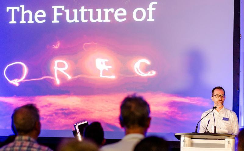 Andrew Stegemann, convener of the Outdoor Recreation Management program and an OREC alum, speaks at the Reckies Reunited event at CapU in October 2024. Photo credit: Maxine Bulloch Photography