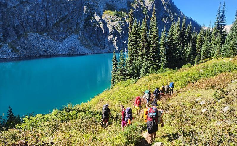 OREC students hike in the Marriot Basin near Pemberton, BC, on their Overnight Field Leader course, September 2024