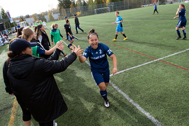 The Capilano Blues women’s soccer team cheers before the PACWEST 2018 Soccer Championship at the Burnaby Lake Sports Complex on Oct. 27, 2018. The Blues finished with a silver medal following a 2-0 loss to the VIU Mariners.