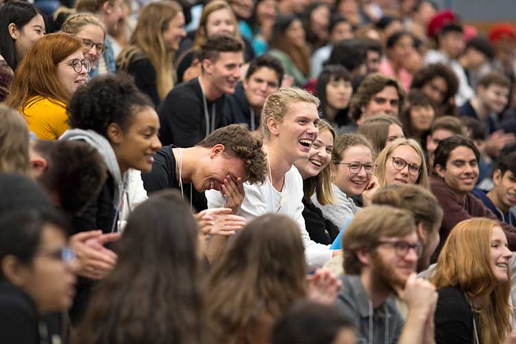 Students laugh during a presentation by Dr. Chris Bottrill at the Centre for International Experience's International Student Orientation on Thursday, Aug. 31, 2018.