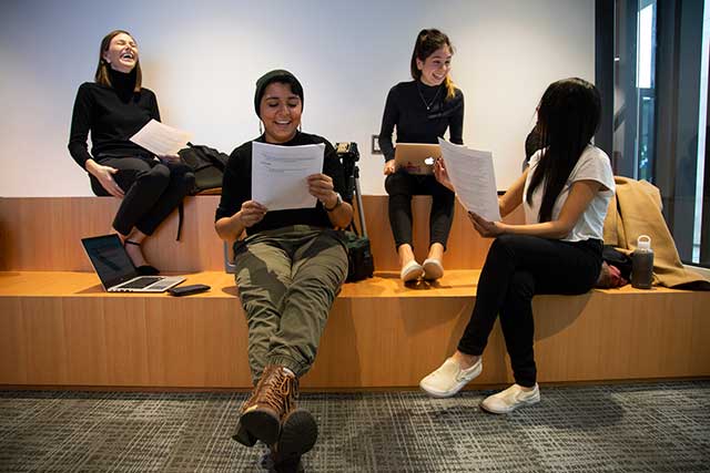 Students practice a presentation in the new Learning Commons on Thursday, Nov. 8, 2018.
