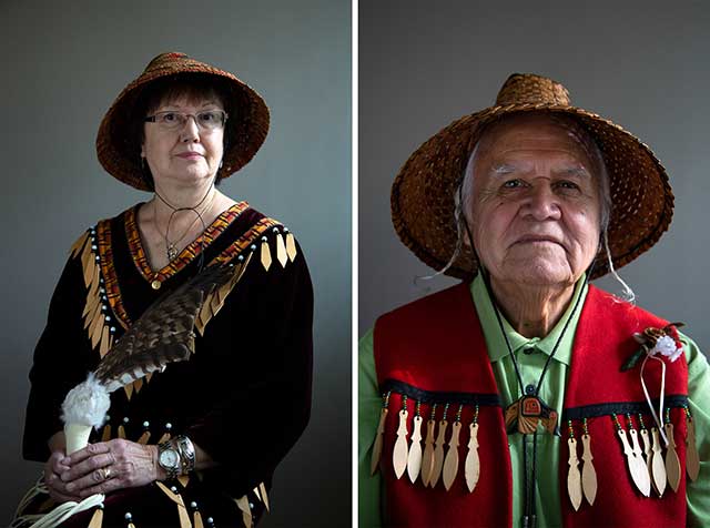 Elders-in-residence Sesemyia (Rose Nahanee) and Sla-holt (Ernie George) sit for portraits on Tuesday, Nov. 13, 2018.