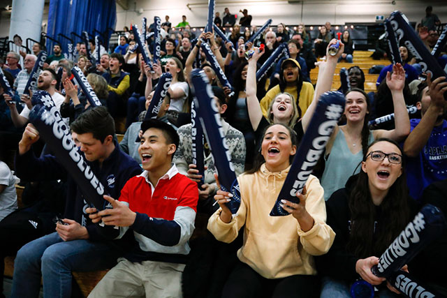 Fans cheer on the Capilano Blues women's basketball team in their silver medal performance at the PacWest Basketball Championships at Douglas College on March 2, 2019. The Blues lost 82-77 to the VIU Mariners.