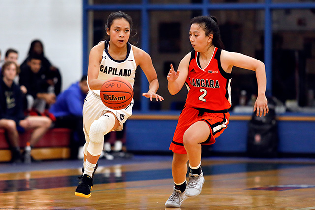 Kirsten Abo dribbles up court in the Capilano Blues’; 59-46 win over the Langara College Falcons on Nov. 8, 2019. (Photo by Taehoon Kim)