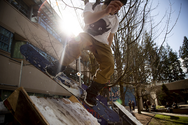 A snowboarder takes part in the Capilano Students' Union's Rail Jam on March 12, 2020.