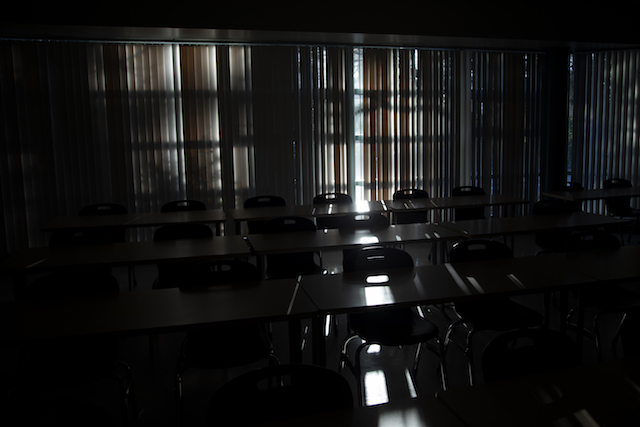 An empty classroom in the Cedar building on March 16, 2020. 