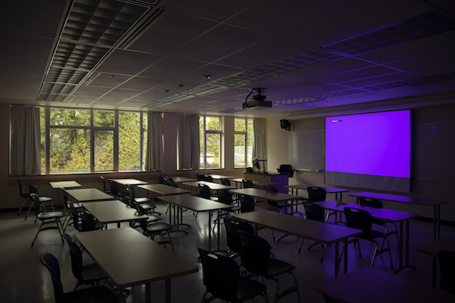 An empty classroom in the Birch building on March 17, 2020.