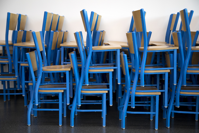 Stacked chairs in the Birch cafeteria on March 17, 2020.