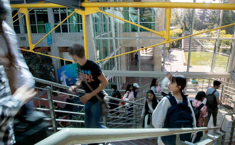 Students walking on Birch Building stairs