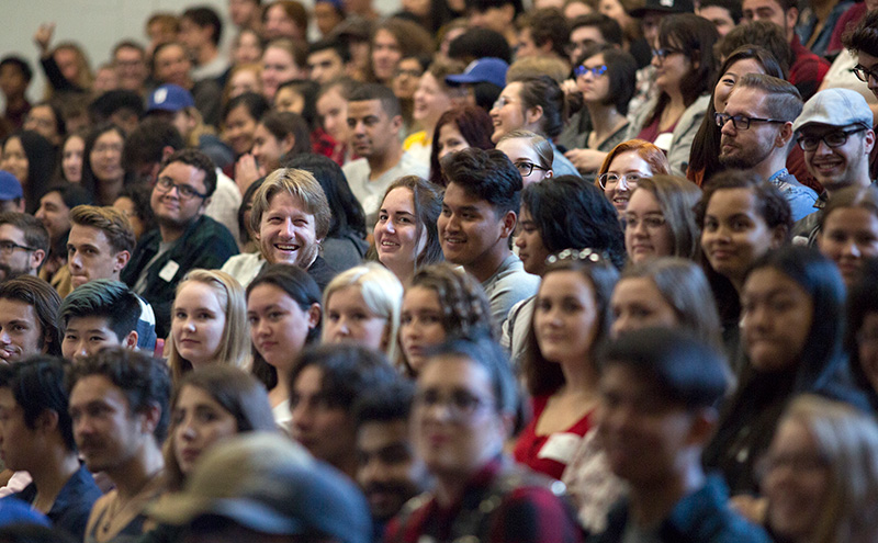 Students in gymnasium attending Orientation