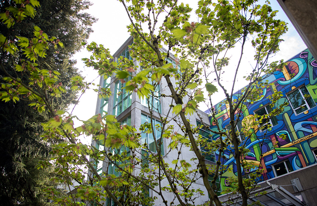 Birch Building walkway with view of mural