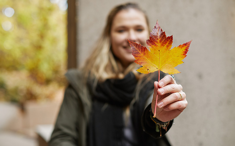 CapU student holding up a maple leaf.