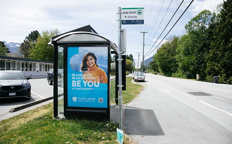 Capilano University bus shelter advertisement in Squamish.